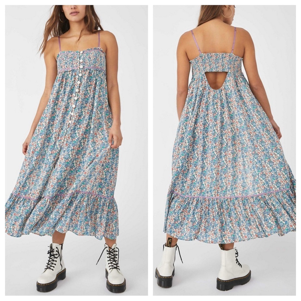 Free People Molly Jo Blue Floral button front Maxi Dress 38141